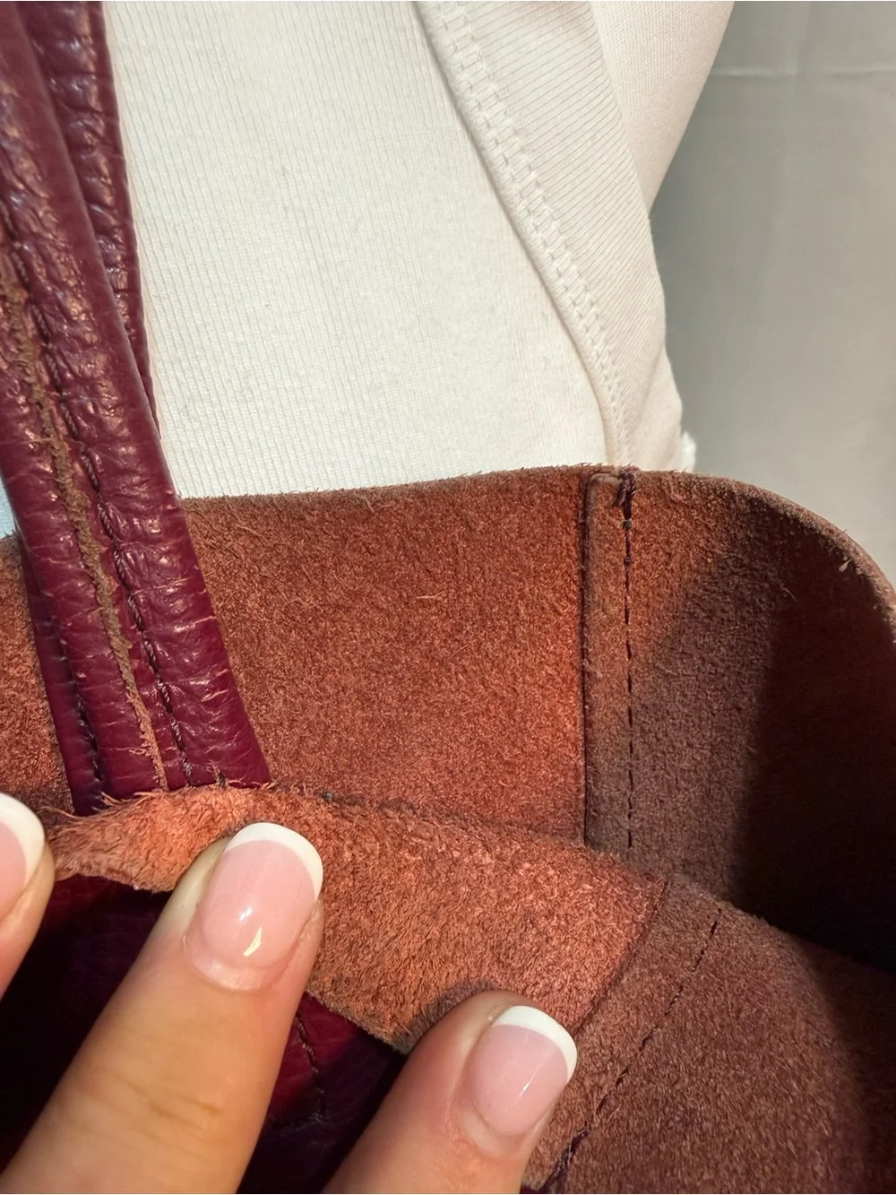 Genuine Italian Pebbled Leather Tote in Deep Burgundy with Tie Detail